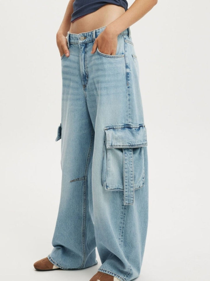 Light Blue Vintage wash wide-leg cargo jeans with strap pockets
