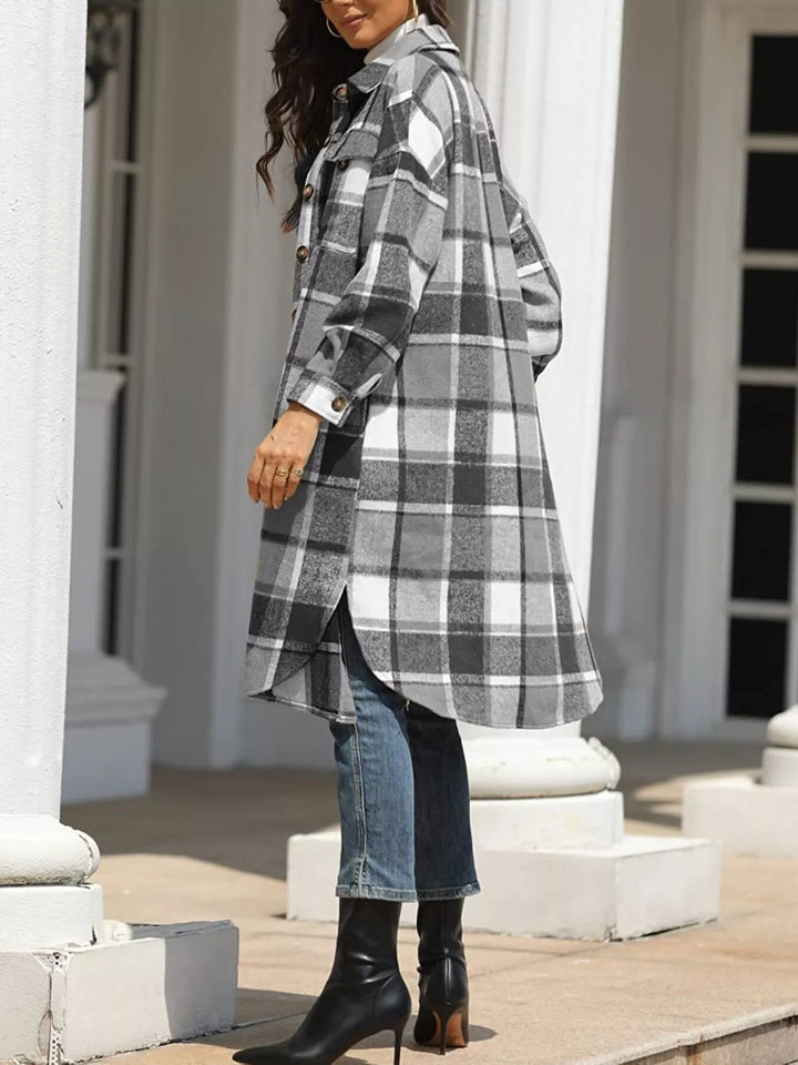 Longline plaid button-up coat with chest pockets