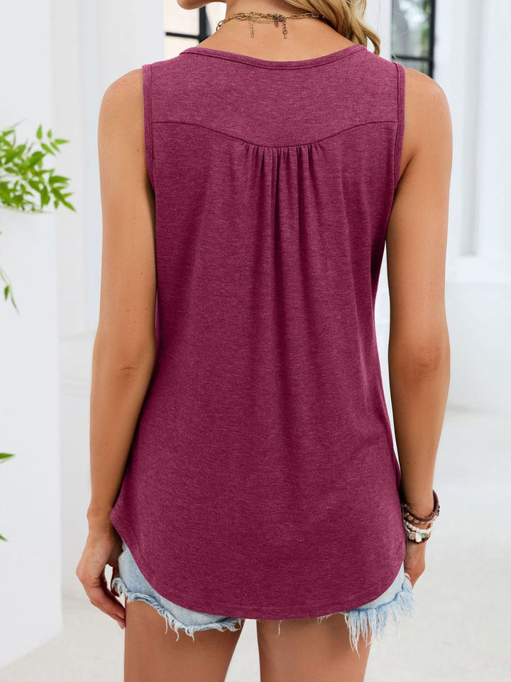 Ruched button-front sleeveless round neck tank top