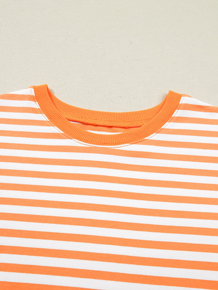 Striped exposed-seam 3/4 sleeve pullover top