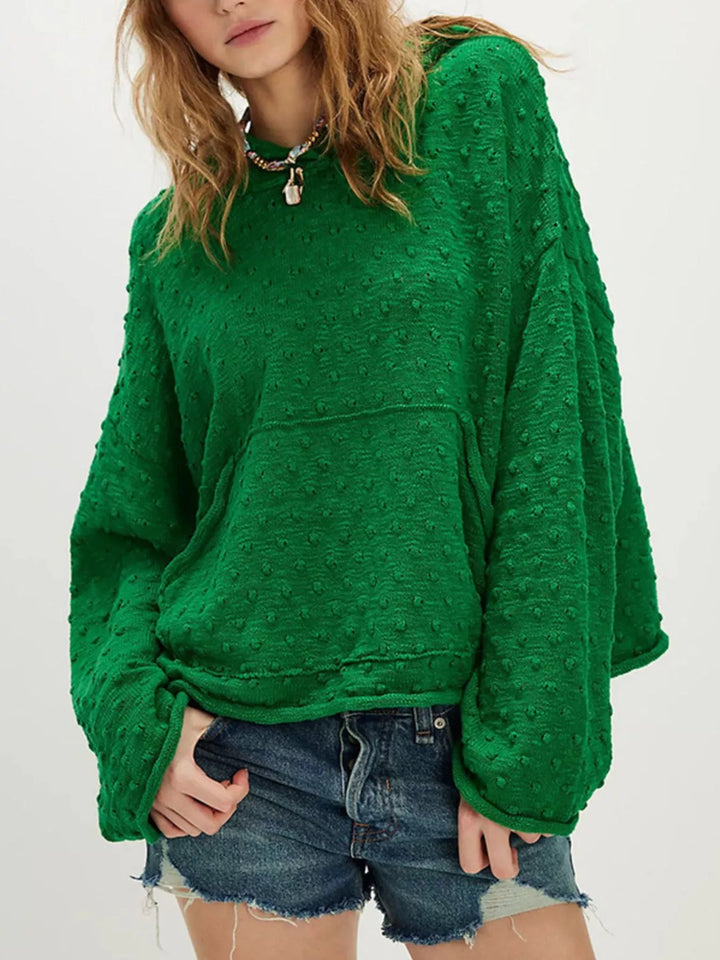 Green Textured dot knit hooded pullover with front pocket