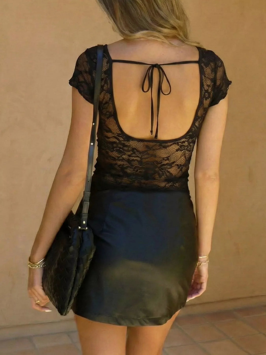 Lace V-neck slim-fit top with cap sleeves