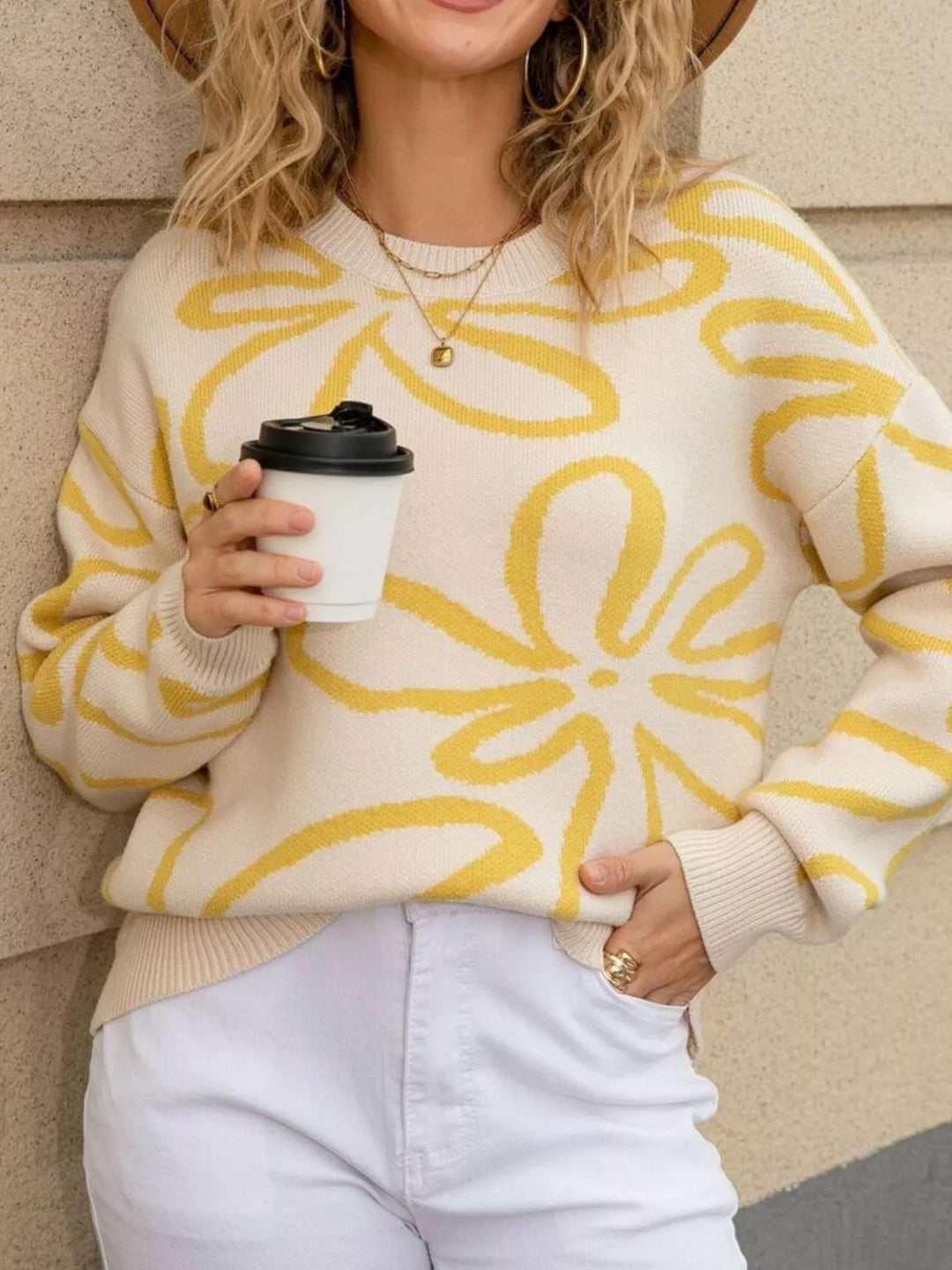 Floral print crew neck knit sweater with ribbed trim