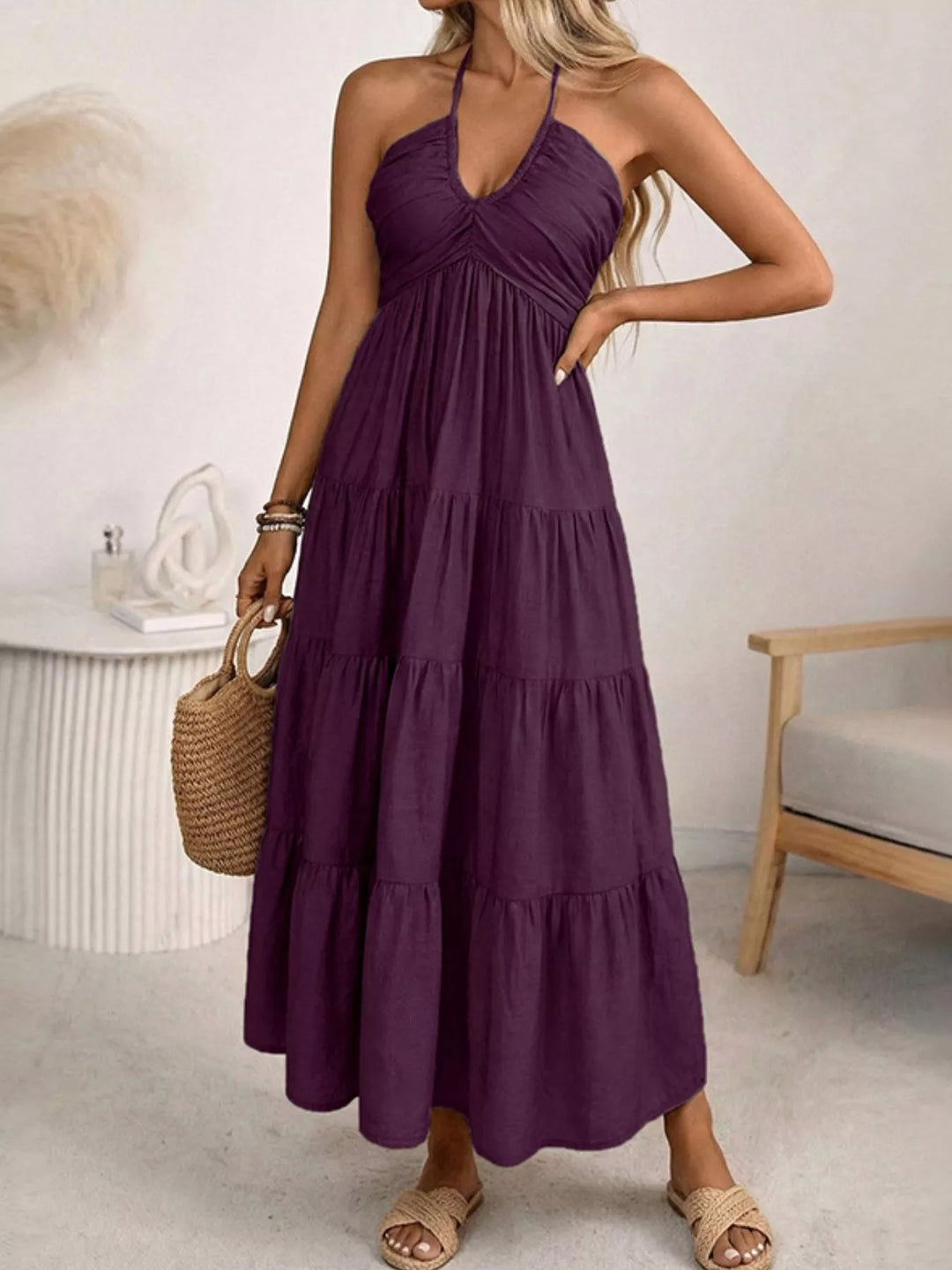 Plum Purple Halter neck tiered midi dress with smocked bodice