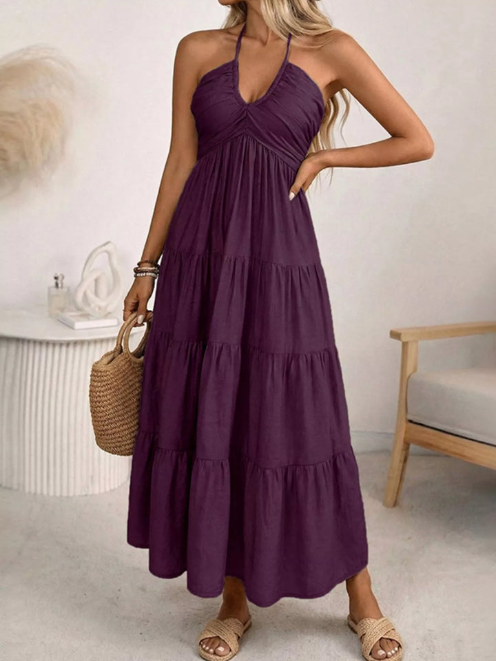 Plum Purple Halter neck tiered midi dress with smocked bodice