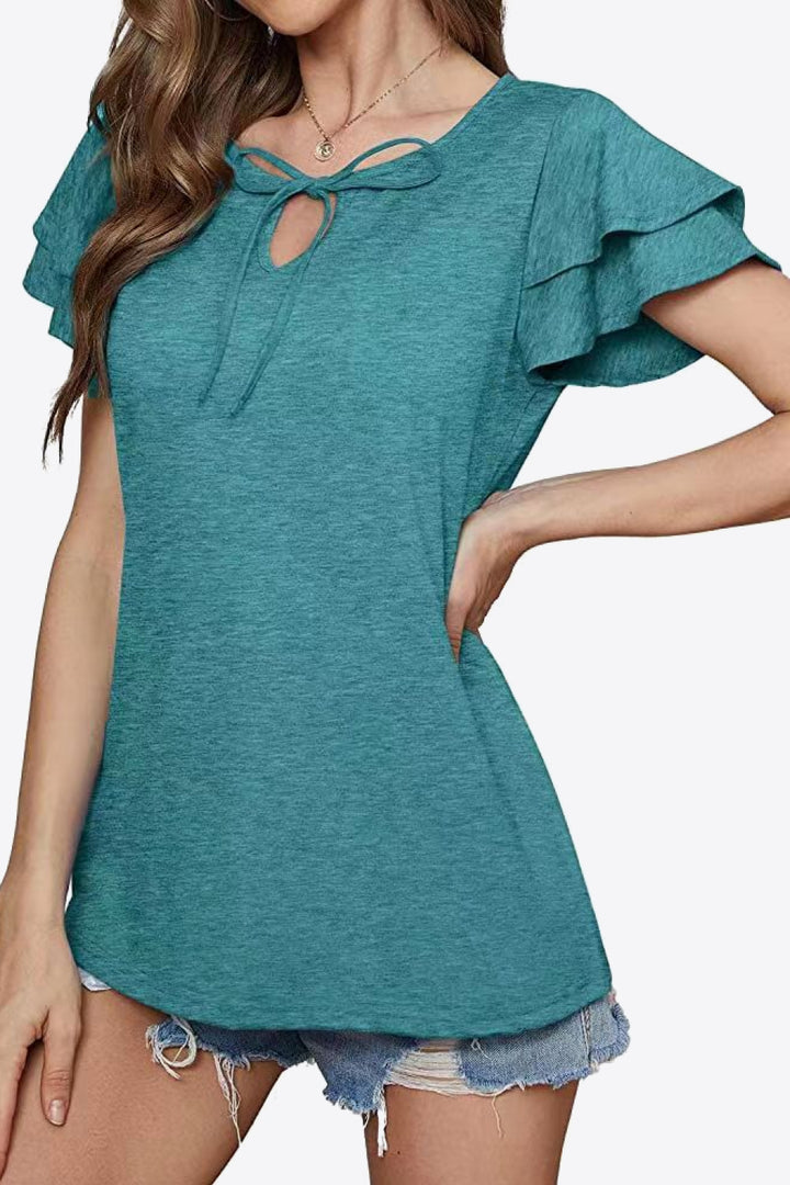Tiered flutter sleeve blouse with split tie neck