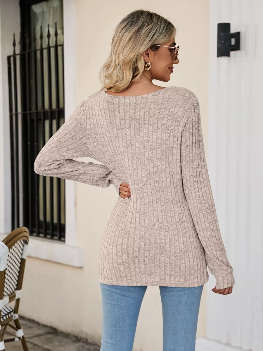 Fitted ribbed square neck long sleeve top