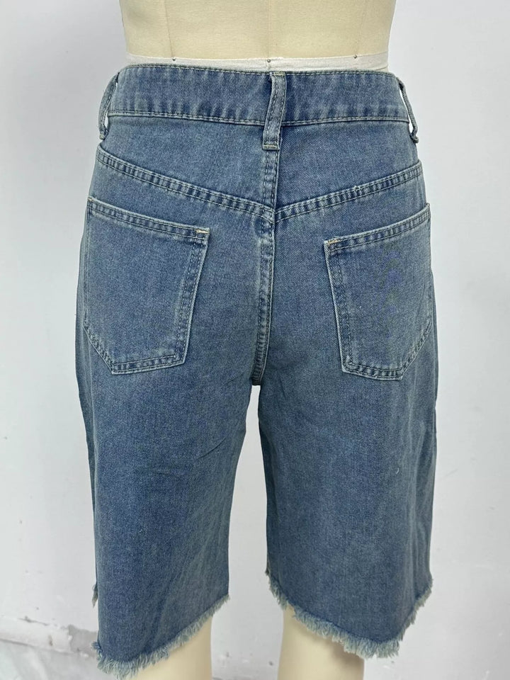 Frayed hem mid-rise relaxed Bermuda denim shorts