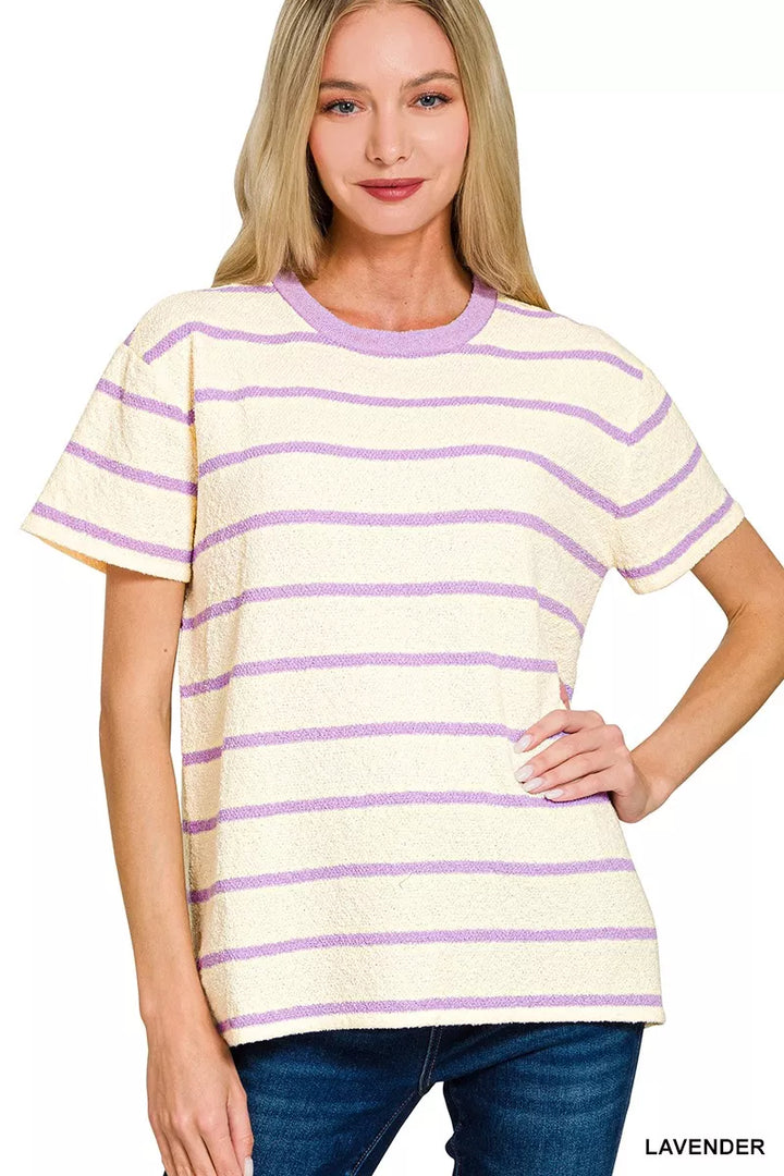 Textured striped short sleeve crew neck top