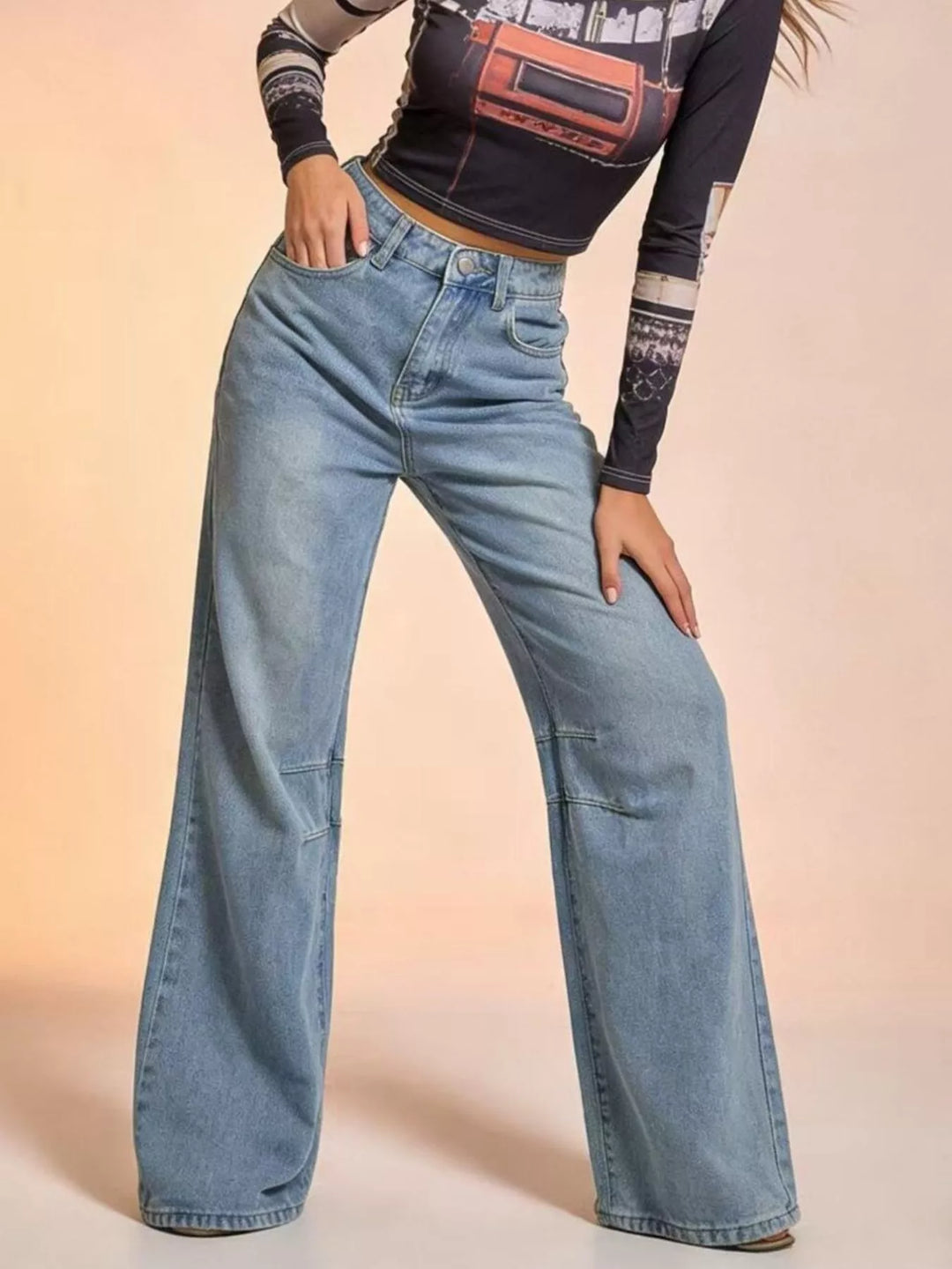 Blue Wide-leg high-rise jeans with paneled knee seams