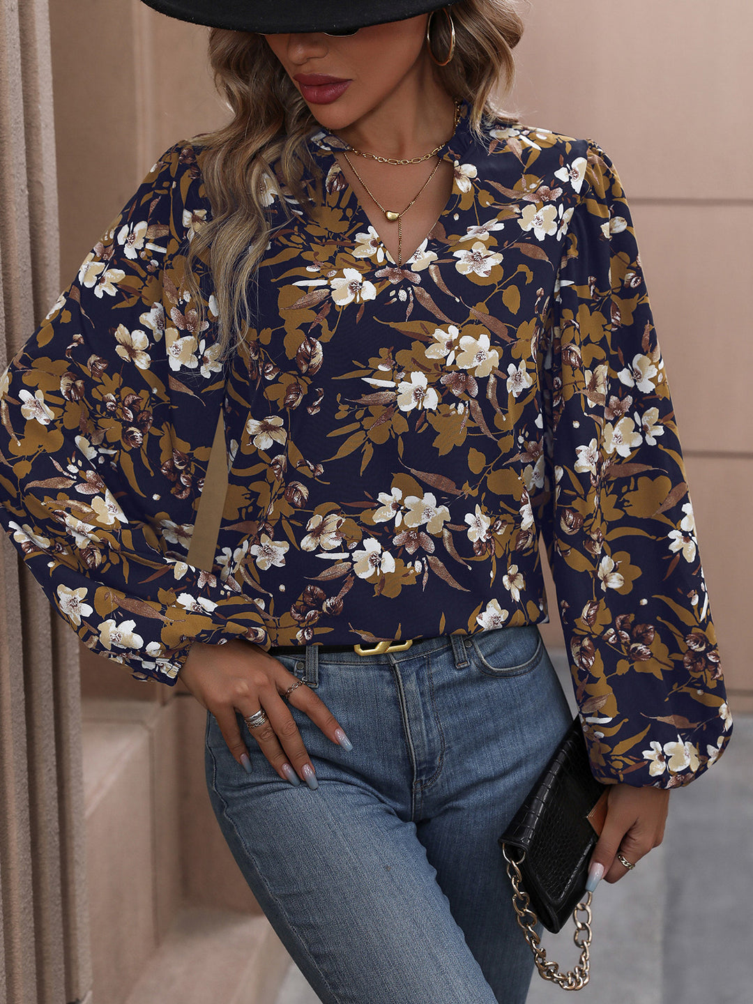 Floral balloon sleeve blouse with notched V-neck