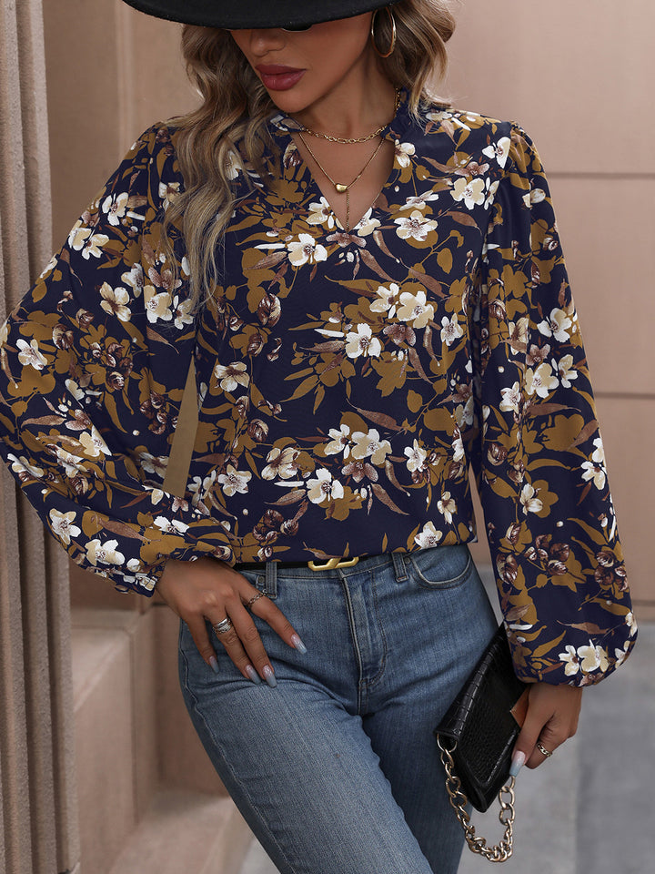 Floral balloon sleeve blouse with notched V-neck