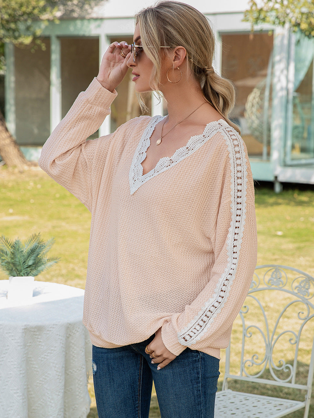 Apricot Contrast lace-trim waffle knit V-neck top