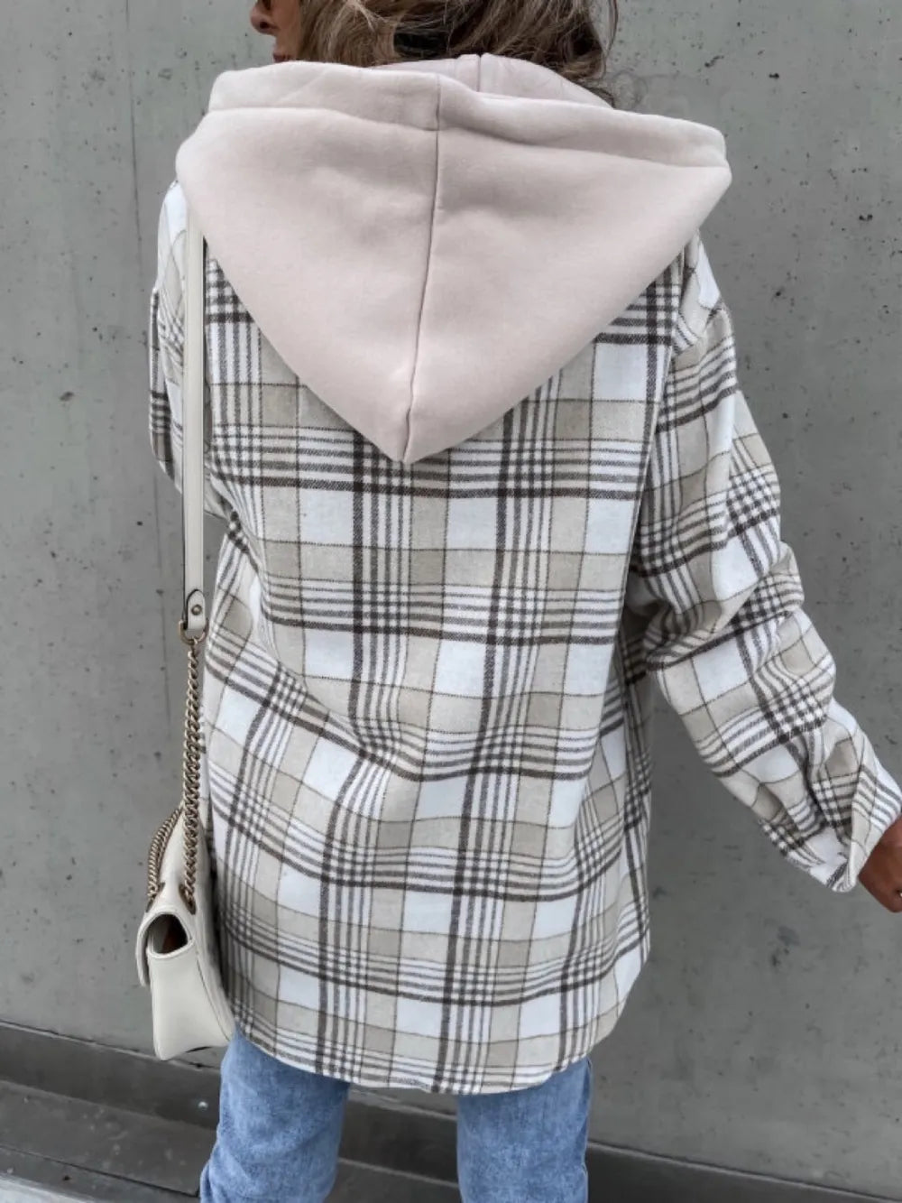 Plaid hooded shacket with drop shoulders and chest pockets
