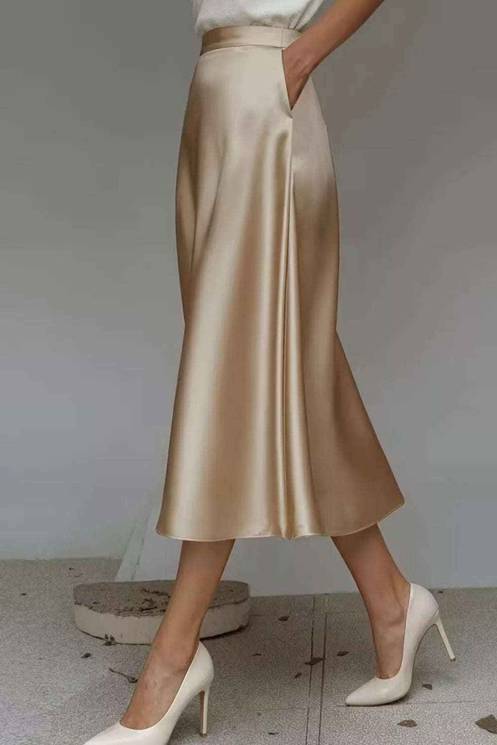 High-waist satin A-line midi skirt with pockets