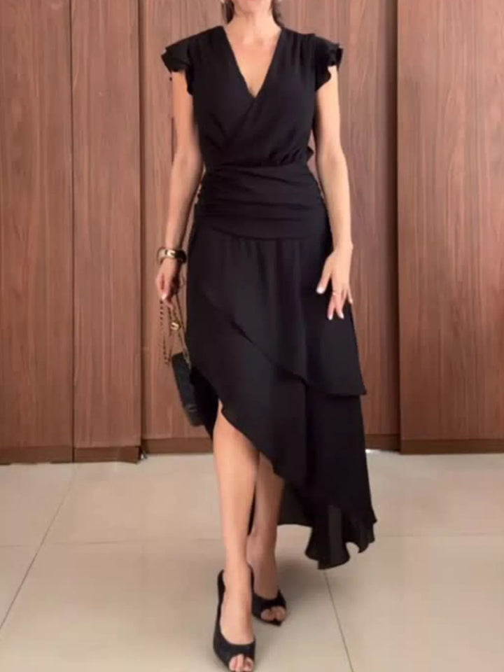 Black Asymmetrical ruffle hem v-neck flutter sleeve maxi dress