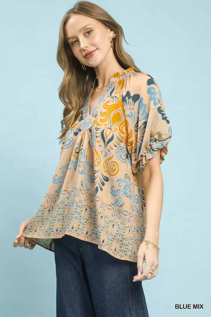 Border print puff sleeve v-neck blouse with embroidered placket