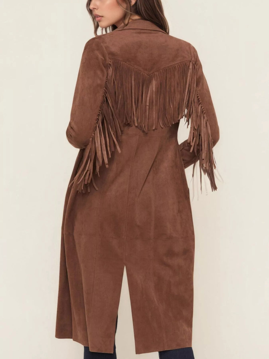 Fringe shoulder faux suede western duster coat