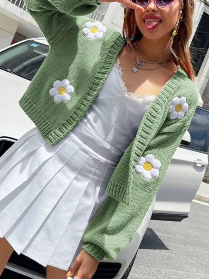Daisy appliqué open front chunky knit cardigan