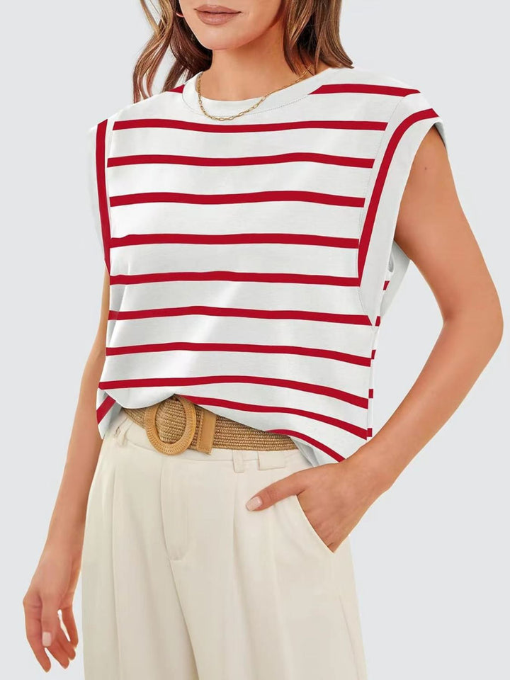 Striped cap-sleeve crew neck muscle tank top