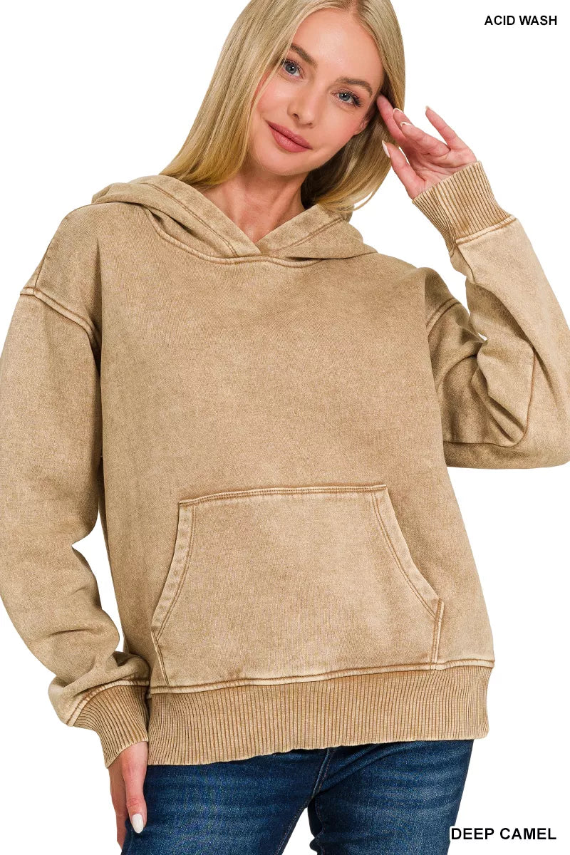 Acid wash fleece pullover hoodie with kangaroo pocket