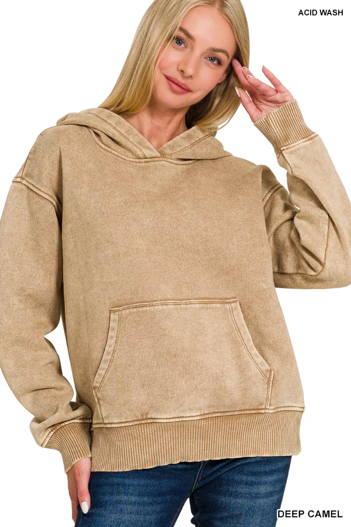 Acid wash fleece pullover hoodie with kangaroo pocket