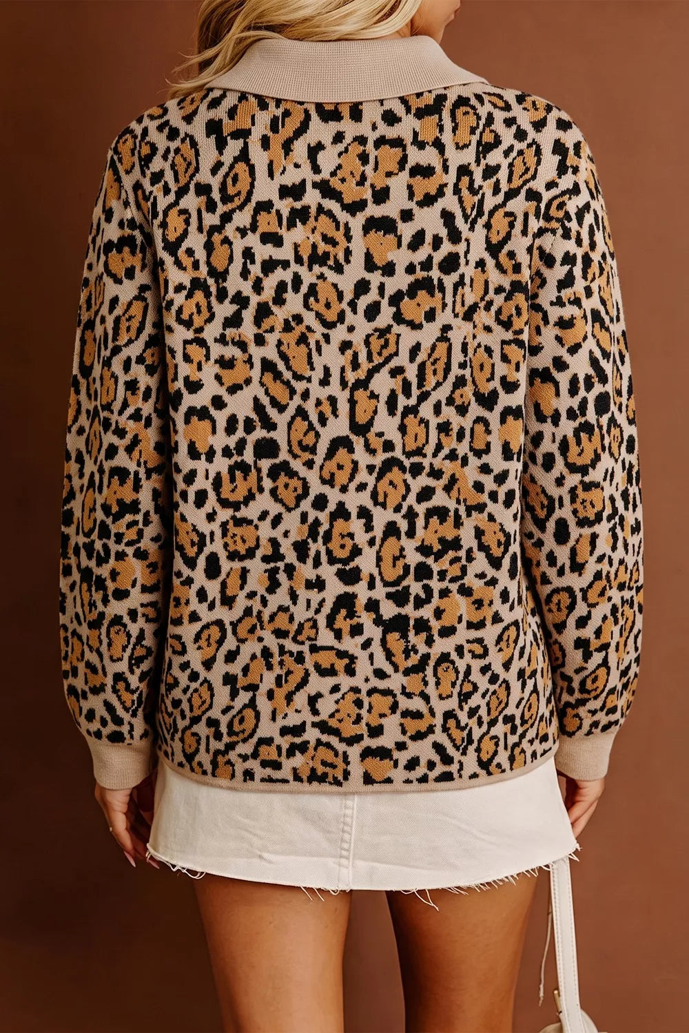 Leopard print collared button-front knit cardigan