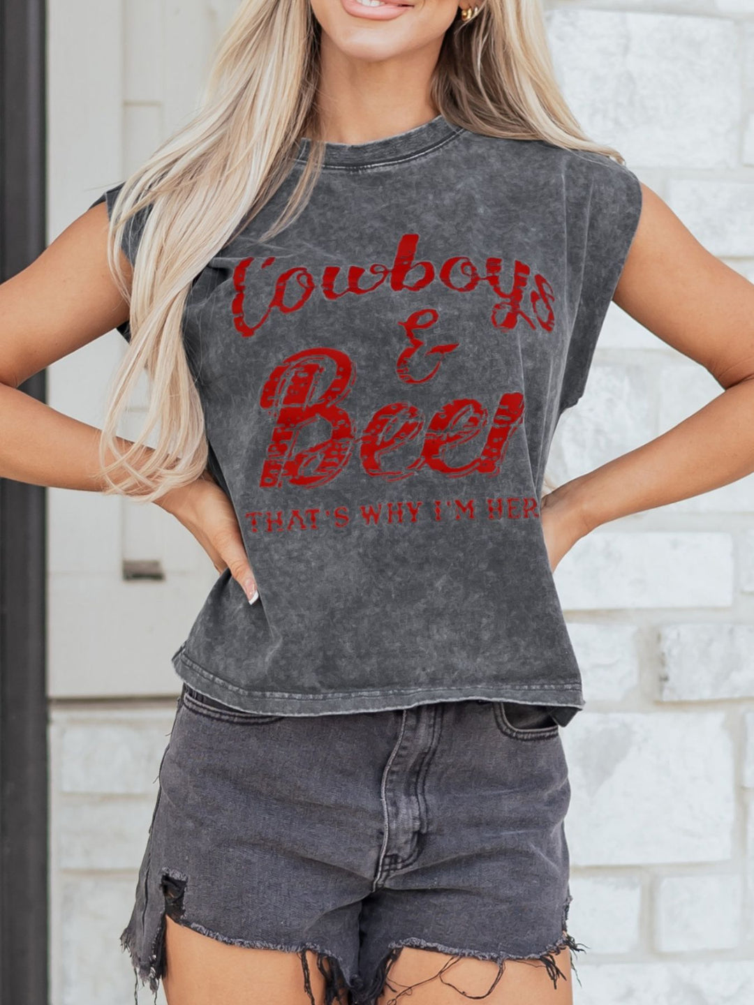Dark Gray Cowboys &amp; Beer western graphic mineral wash tank top