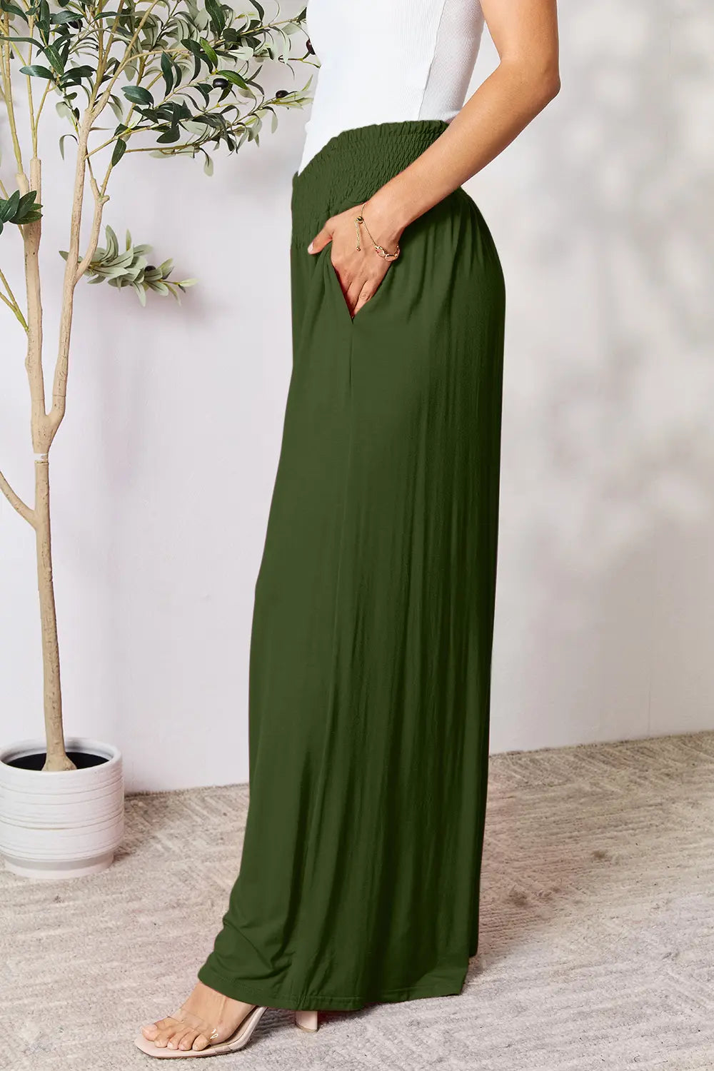 Smocked wide-waistband wide-leg jersey pants with pockets