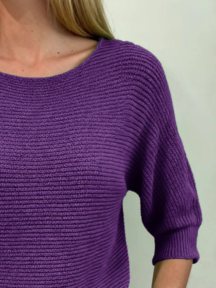 Ribbed knit round neck sweater with dolman sleeves