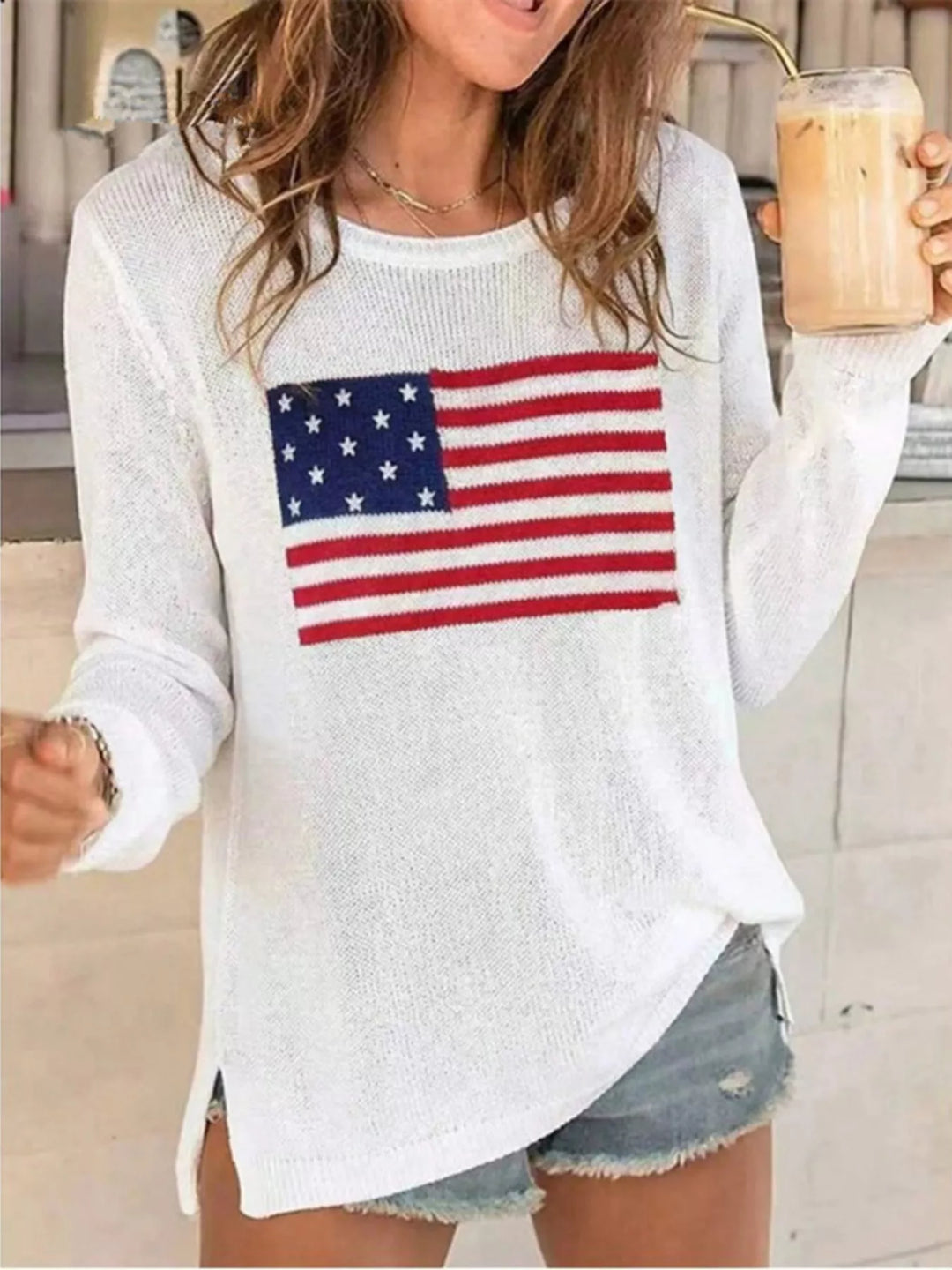White American flag knit long sleeve pullover sweater