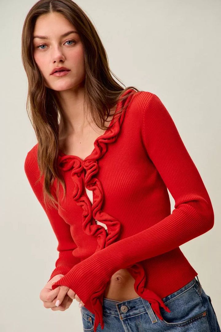 Ribbed knit cardigan with cascade ruffle trim