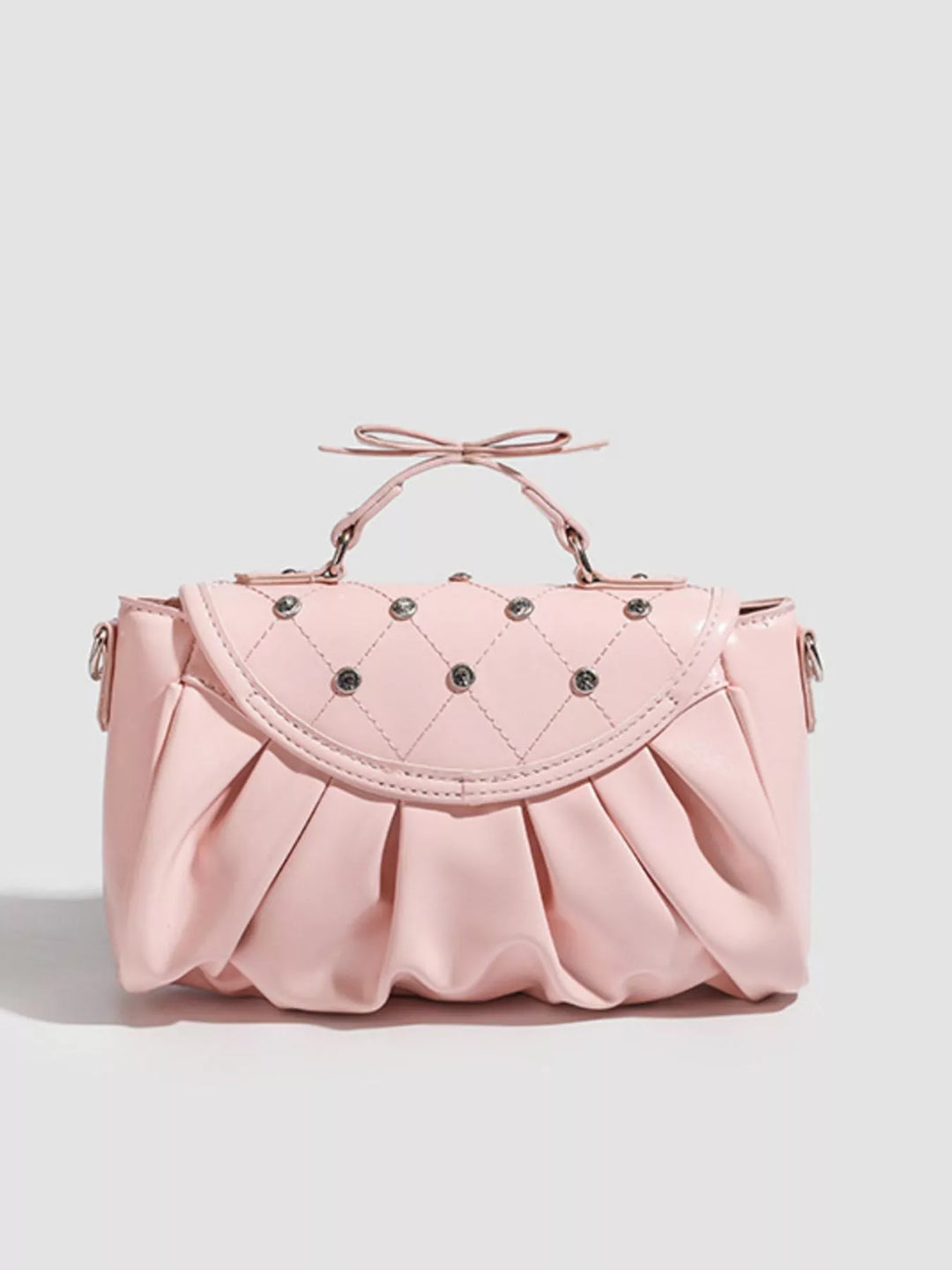 Ruched bow crossbody bag with rhinestone chain strap