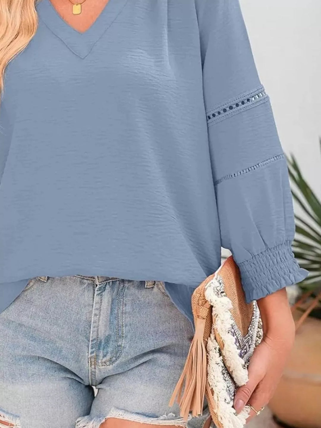 Openwork lace trim blouse with smocked cuffs and split neck