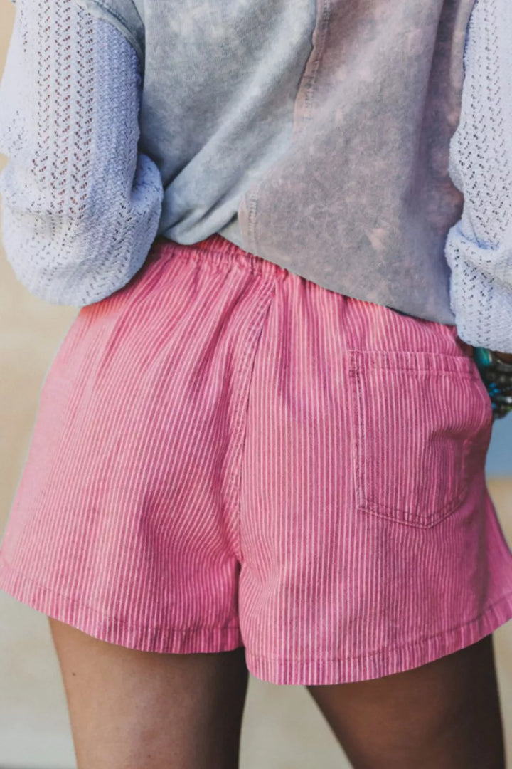 Pinstripe cotton-blend shorts with elastic waist and drawstring