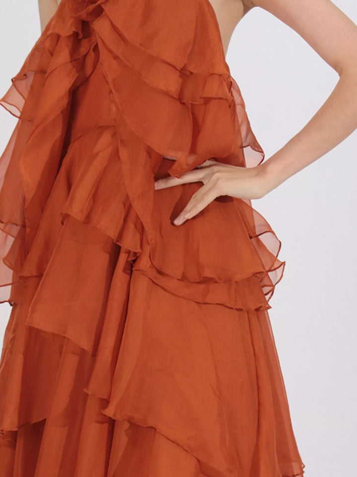 Tiered ruffle chiffon halter maxi dress with rosette