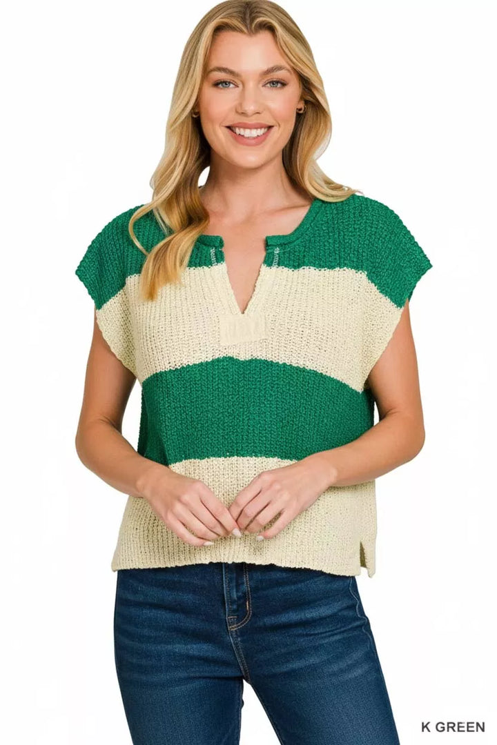 Split-neck striped short-sleeve knit sweater