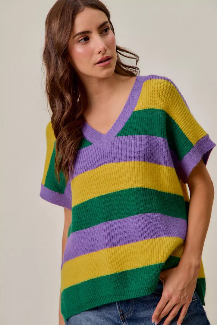 Ribbed striped V-neck short sleeve sweater top