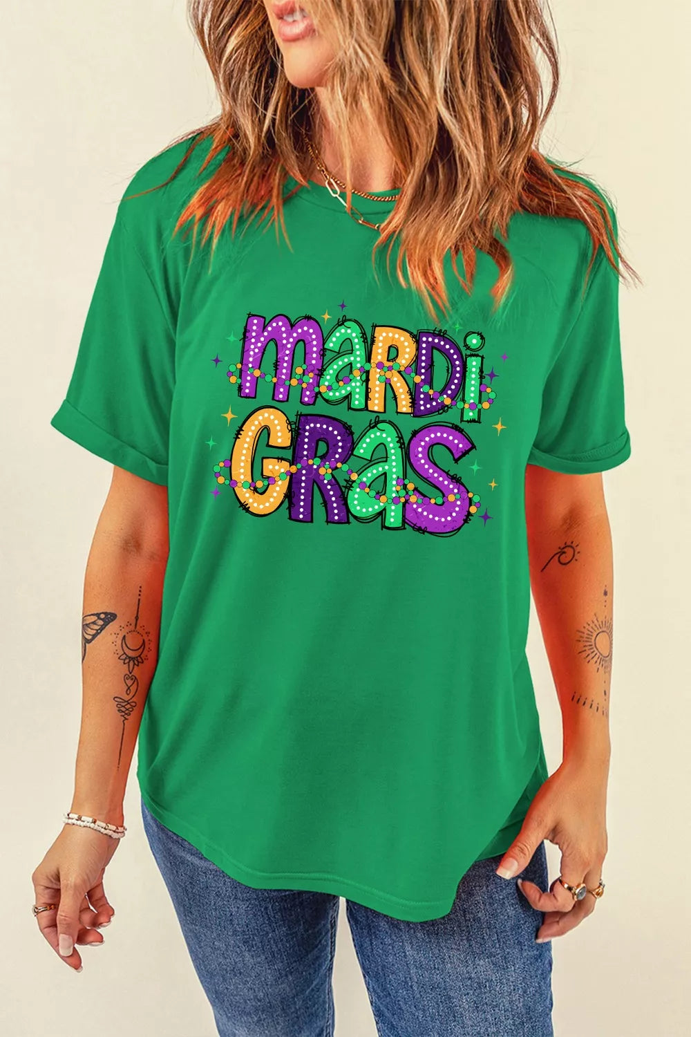 Green Mardi Gras beaded letter graphic crew neck tee