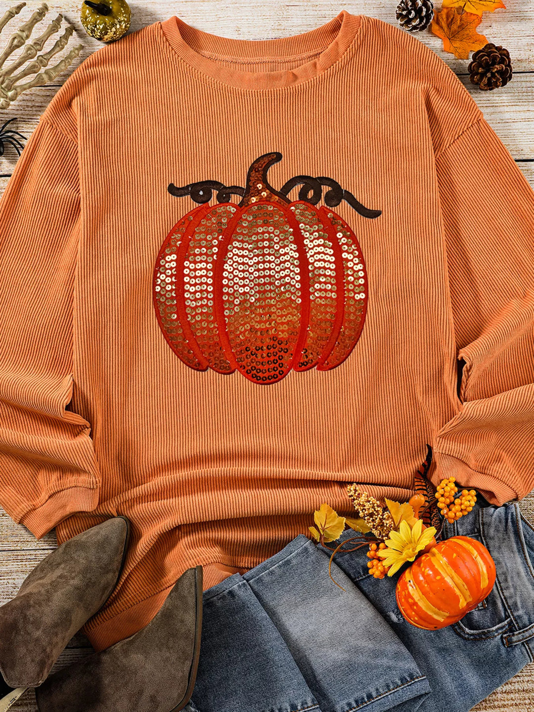 Sequin pumpkin ribbed corded crew neck sweatshirt