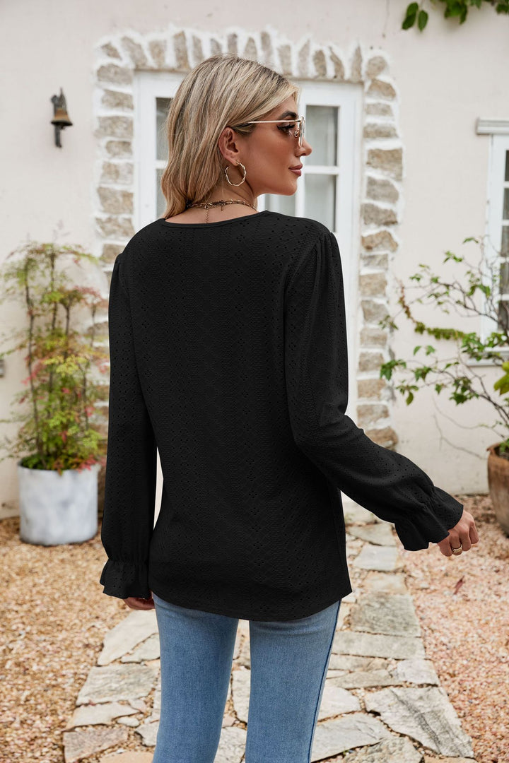 Eyelet lace-trim V-neck blouse with flounce sleeves