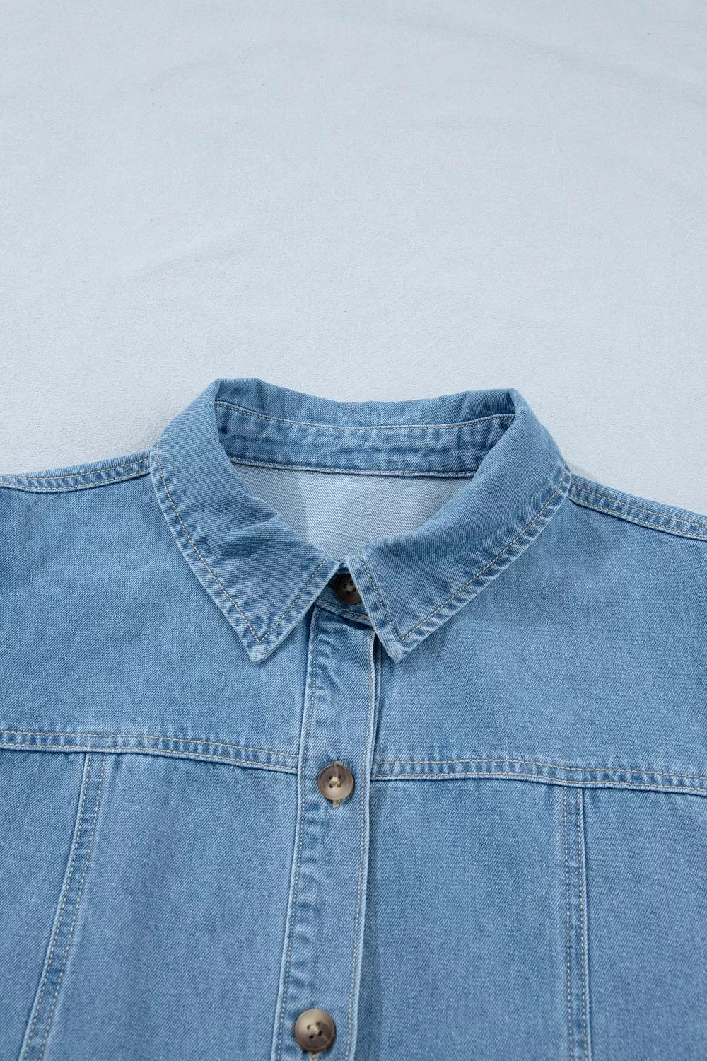 Button-down puff sleeve denim mini dress with ruffle hem
