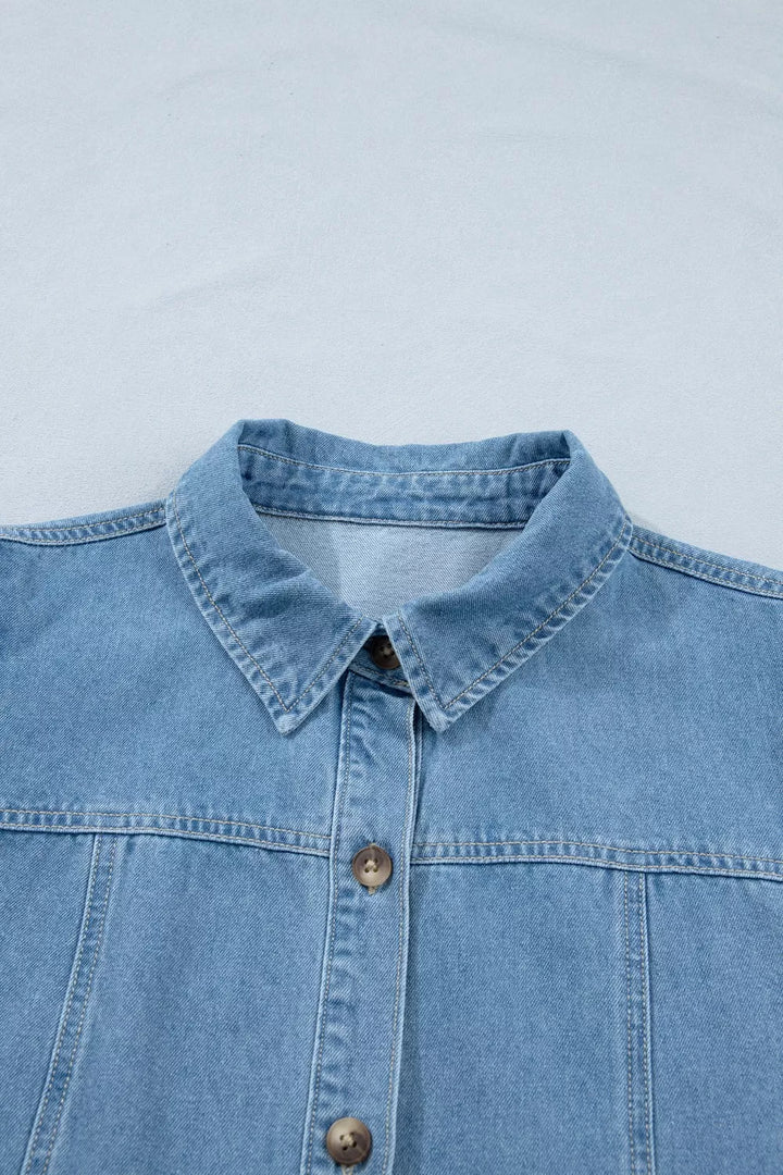 Button-down puff sleeve denim mini dress with ruffle hem