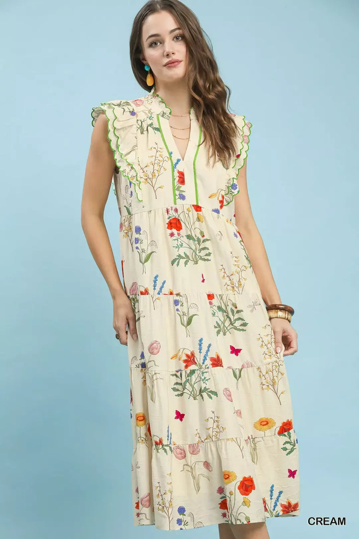 Floral tiered midi dress with scalloped ruffle trim