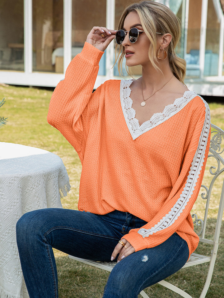Orange Contrast lace-trim waffle knit V-neck top
