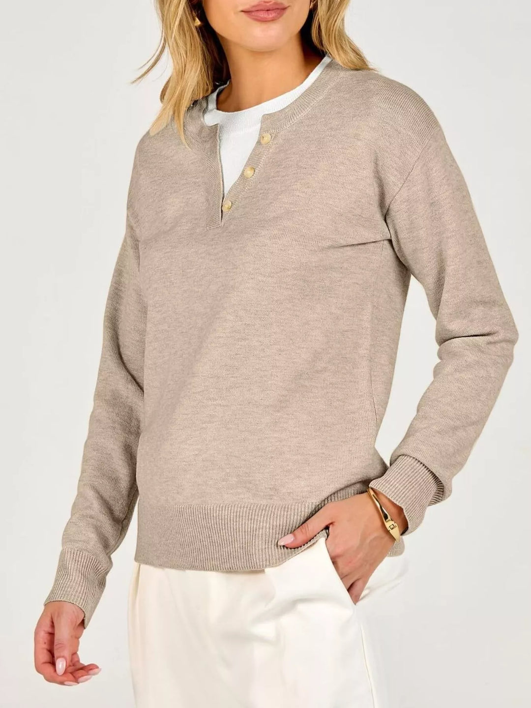Notch neck button-trim drop shoulder sweater