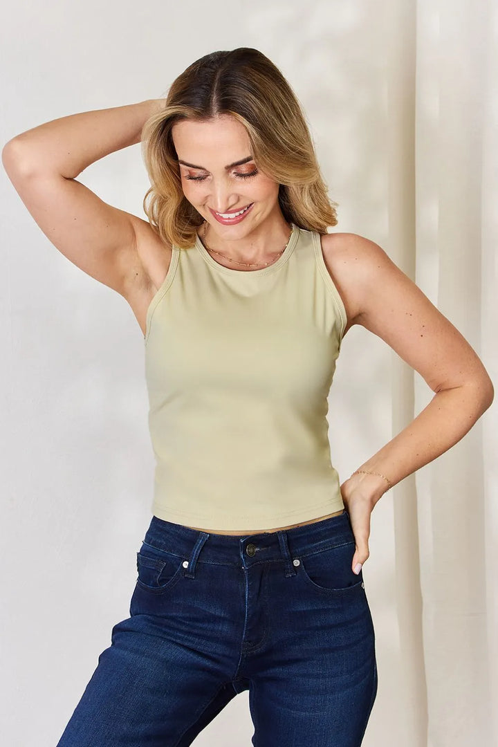 Beige Slim-fit round neck tank top with high neckline