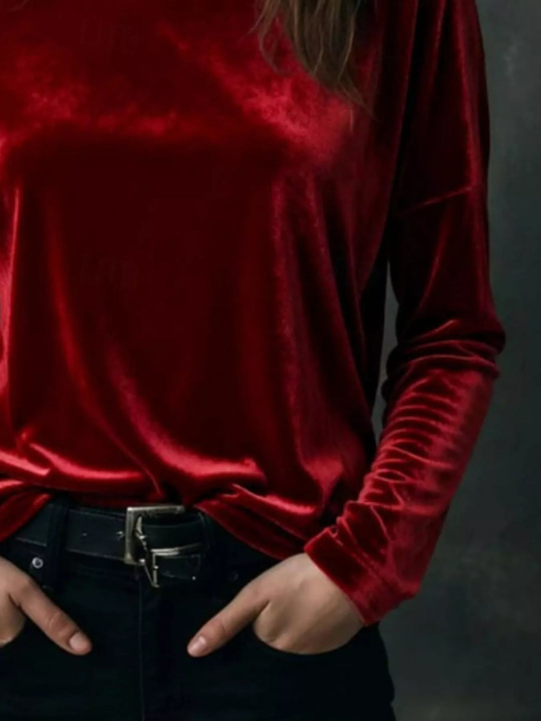 Velvet long sleeve boat neck top with dropped shoulders