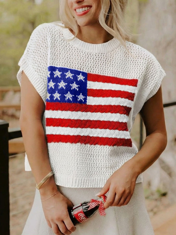 American flag graphic knit short sleeve sweater