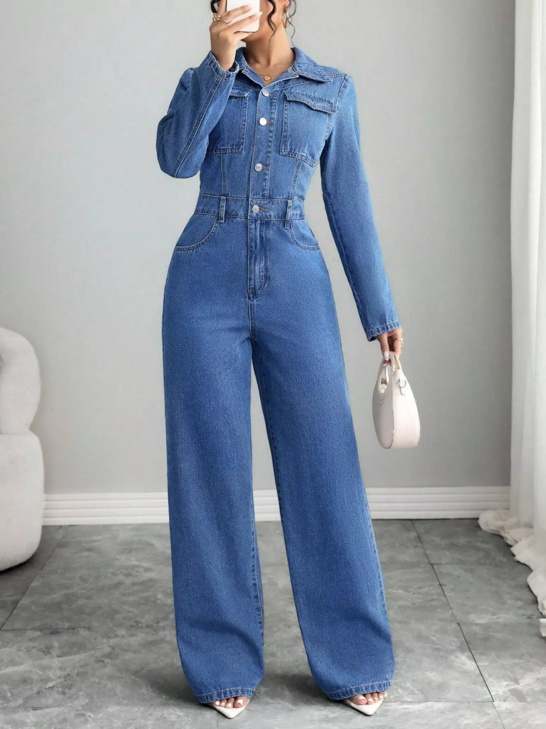 Blue Button front wide leg denim jumpsuit with collar